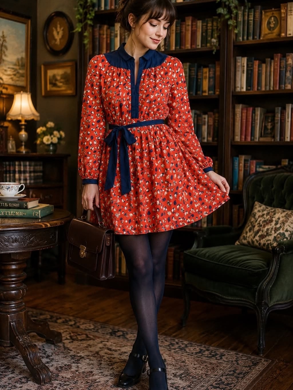 Burndt Orange Dress With Cute Bird Print Long-Sleeve Tie-Waist Navy Trim Medium
